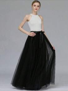 1pc Flare Tulle Skirt, New Arrival European & American Style, Tie-Waist Long Tail Skirt, Black/White/Ivory Polyester Casual - Multicolor - View 11