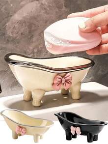 1 süße Badezimmer Seifenschale mit Schleifen Dekoration, Badezimmer Accessoires, Badezimmer Ablage für Seifenstück, Retro Stil mit Ablauf, platzsparende organisierte Badezimmer Ablage Design, elegante und neuartige Seifenhalterung für Zuhause und Hotel, funktional und charmante Badezimmer Deko, perfekt als Geschenk zu Lehrertag, Abschluss, Geburtstag, Halloween, Weihnachten