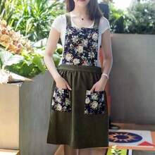 FWQGQEG Vintage Ladies Aprons, Pinafore Apron Dress For Women Girls, Cute Floral Slim Aprons Chef Aprons, Gift For Women - 橄欖綠 - 查看 3