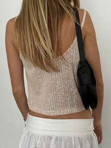 Women's 2025 Solid Color Sequin Spaghetti Strap Camisole Top - Shimmery Sleeveless Party Wear With Stretchy Comfort, Evening Glam Essentials - Màu Khaki - Xem 2