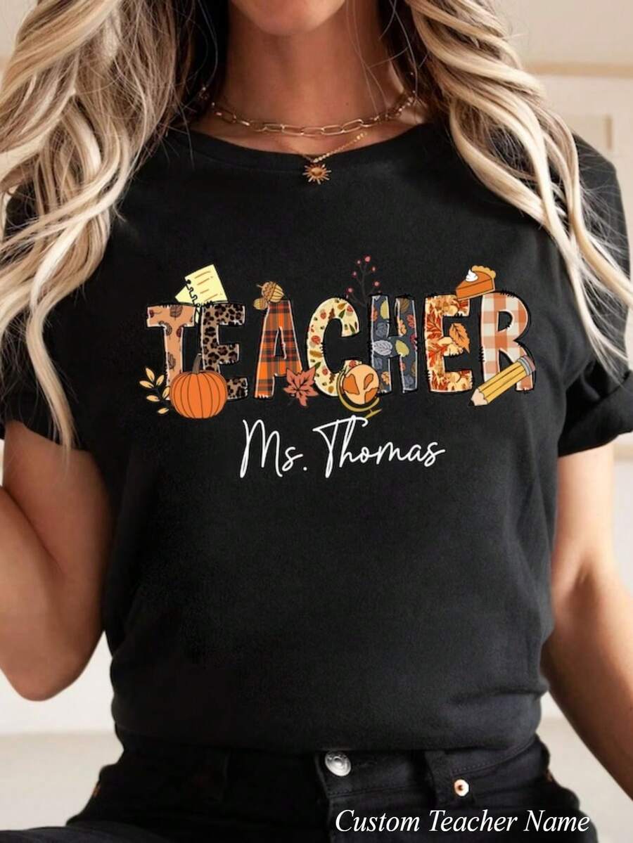1pc Personalized Thanksgiving Teacher Shirt, Custom Teacher Thanksgiving Shirt, Fall Teacher Shirt, Thankful Teacher, Teacher Autumn Shirt, Teacher Fall Shirt, 100% Cotton, S-2XL