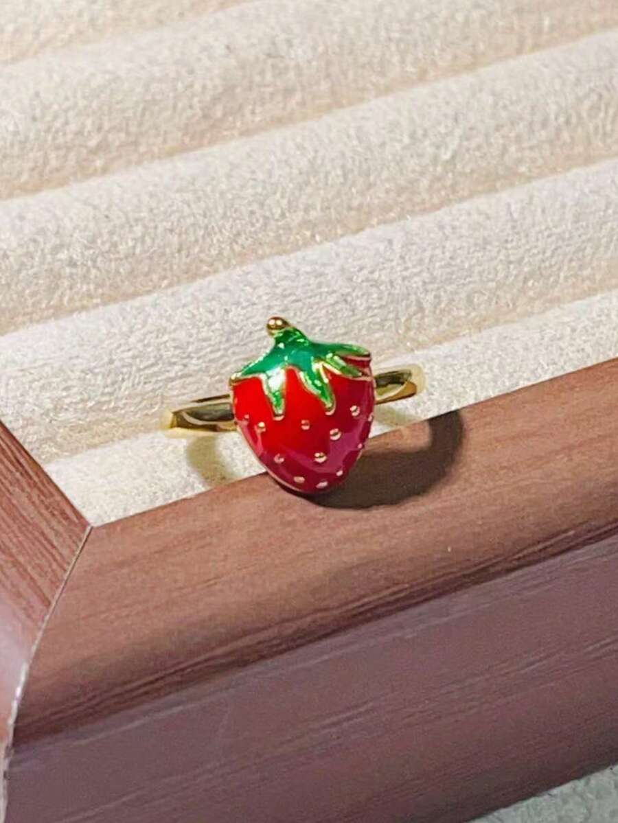1pc Fruit Series Open Ring, Cute Strawberry & Cherry Design, Suitable For Girls, Fresh And Unique, Durable Color, Suitable For Daily And Back To School Wear - Multicolor - View 1