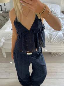 Women V Neck Camisole Hollowed Flower Spaghetti Strap Backless Ruffle Tops Summer Streetwear - 藏蓝色 - 查看 2