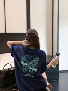 夏季新款休闲圆领蝴蝶印花短袖女T恤，美式简约图案，宽松版型 - 深藍色 - 查看 3