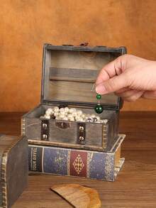 1pc Vintage Wooden Jewelry Box, Treasure Chest Storage Box, Wooden Jewelry Case With Lock, Decorative Container, Home Decor, Kitchen Accessory, Bathroom Decor, Bedroom Decor For Women Storage Organizer Travel Essentials Back To School Dormitory Storage Fall Decor - Multicolor - View 4