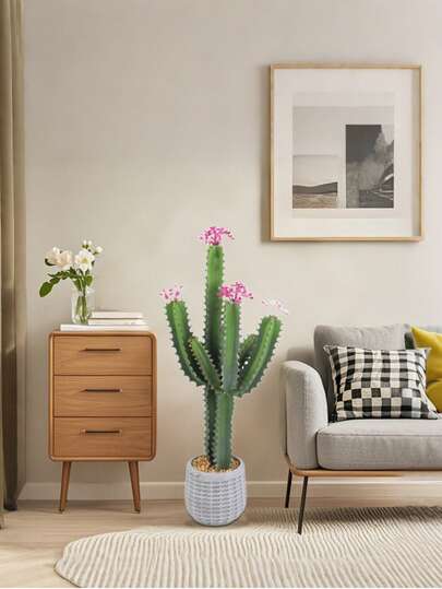 Cactus Artificial, Cactus Artificiales, Cactus Artificial con Flor, 92 cm, Plantas de Cactus Artificiales en Maceta para Decoración del Hogar, Tienda u Oficina