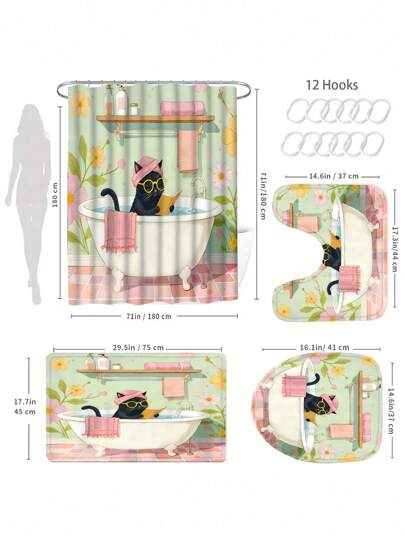 1/4pcs Vintage Cat Shower Curtain, Black Cat With Glasses & Pink Turban, Bathtub Reading Design, Retro Floral Polyester Bathroom Decor, 70.8x70.8 Inches With 12 Hooks, Washable And Line Dry