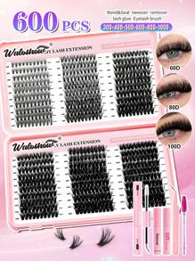 Waloshow Back To School 600Pcs Value Pack 3D Fluffy Lash Cluster Eyelash Kit, D Curl Cluster Lashes With White Glue, Natural Fake Eyelashes Glue Remover And Individual Lashes Tweezers , False Lashes In 6 Styles, 30D 40D 50D 60D 80D 100D For Beginners,Makeup Tools(White Bond+Seal+Spare Glue+Remover+Tweezers+Brushes) Quick Makeup For School