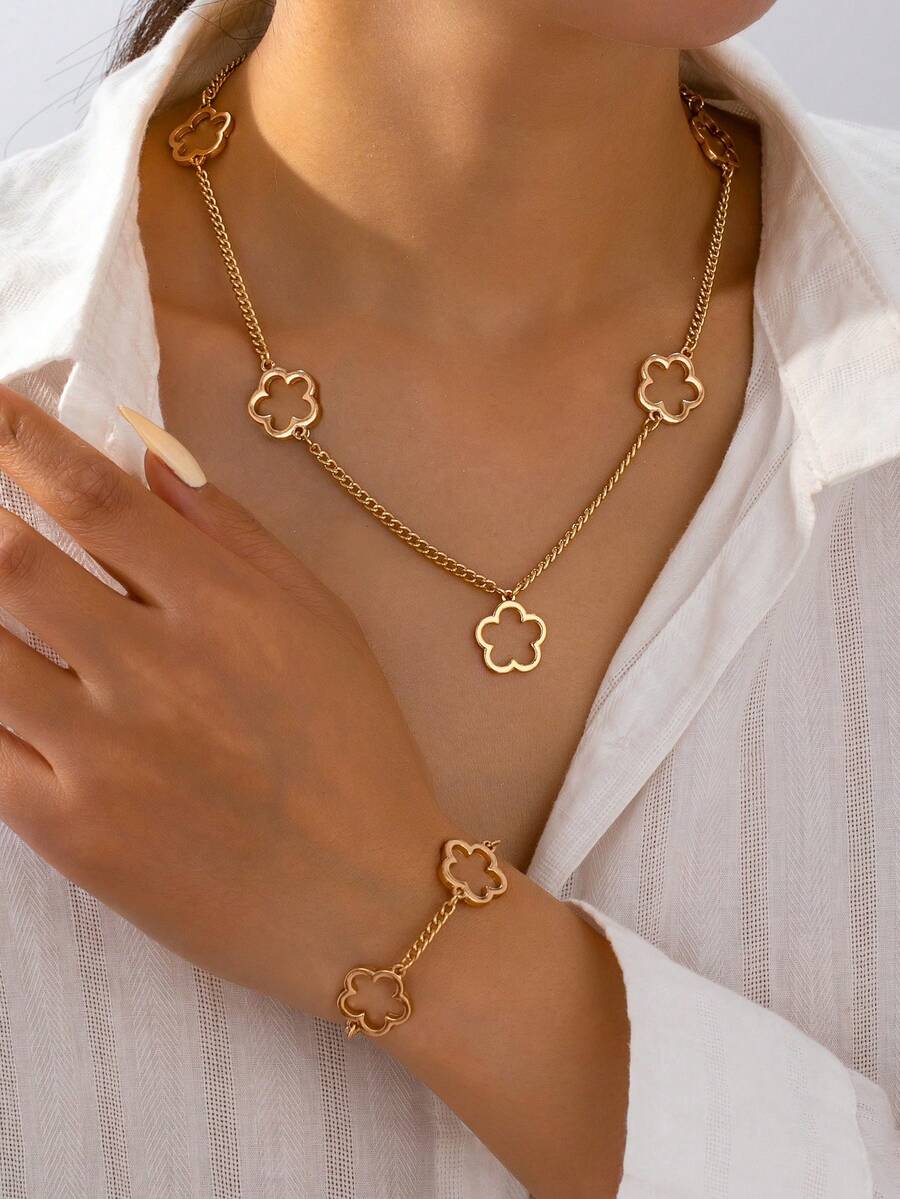 2pcs/Set Hollow Clover Metal Necklace & Bracelet Jewelry Set For Women, Fashion & Versatile