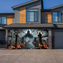 1 Stück lebendiges Halloween Garagentor Cover Banner - Spukhaus Thema Vinyl Kulisse für Gartenparty Dekoration, Große 180x400cm 2D Dekoration