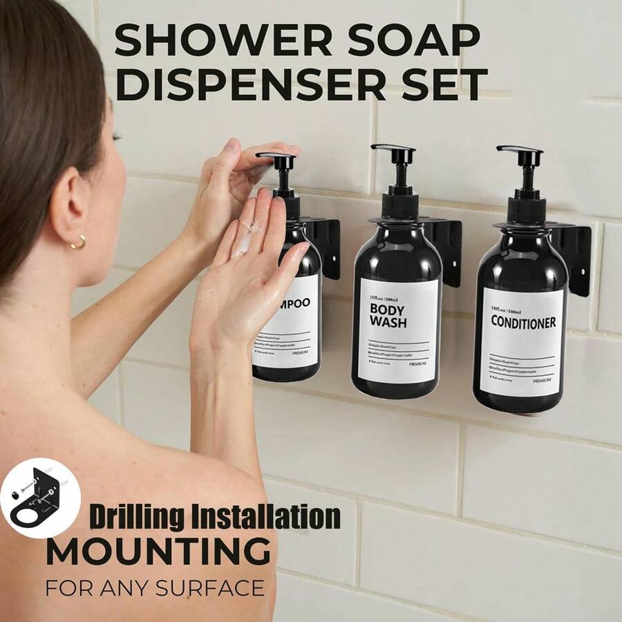 WCIC 16.9oz/500ML Bright Black Shampoo And Conditioner Dispenser Set,Bottle + Sticker + Wooden Tray/Silicone Tray/Stand,Shower Soap Dispenser With Labels,Plastic Shampoo Bottles Refillable - Body Wash/Shampoo/Conditioner/Hand Soap/Dish Soap/ Lotion