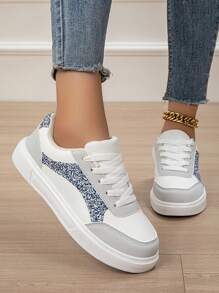 春秋新款圆头系带灰色平底运动鞋，女式学院风休闲舒适学生鞋 - 灰色 - 查看 4