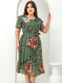 Women's Plus Size Evangelical Printed Tulle Midi Dress - 軍綠色 - 查看 5