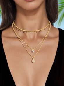 3pcs Set Women Gold Multilayer Chain Water Drop Pendant Necklace, Suitable For Daily, Social, And Gathering Occasions - Gold - View 1
