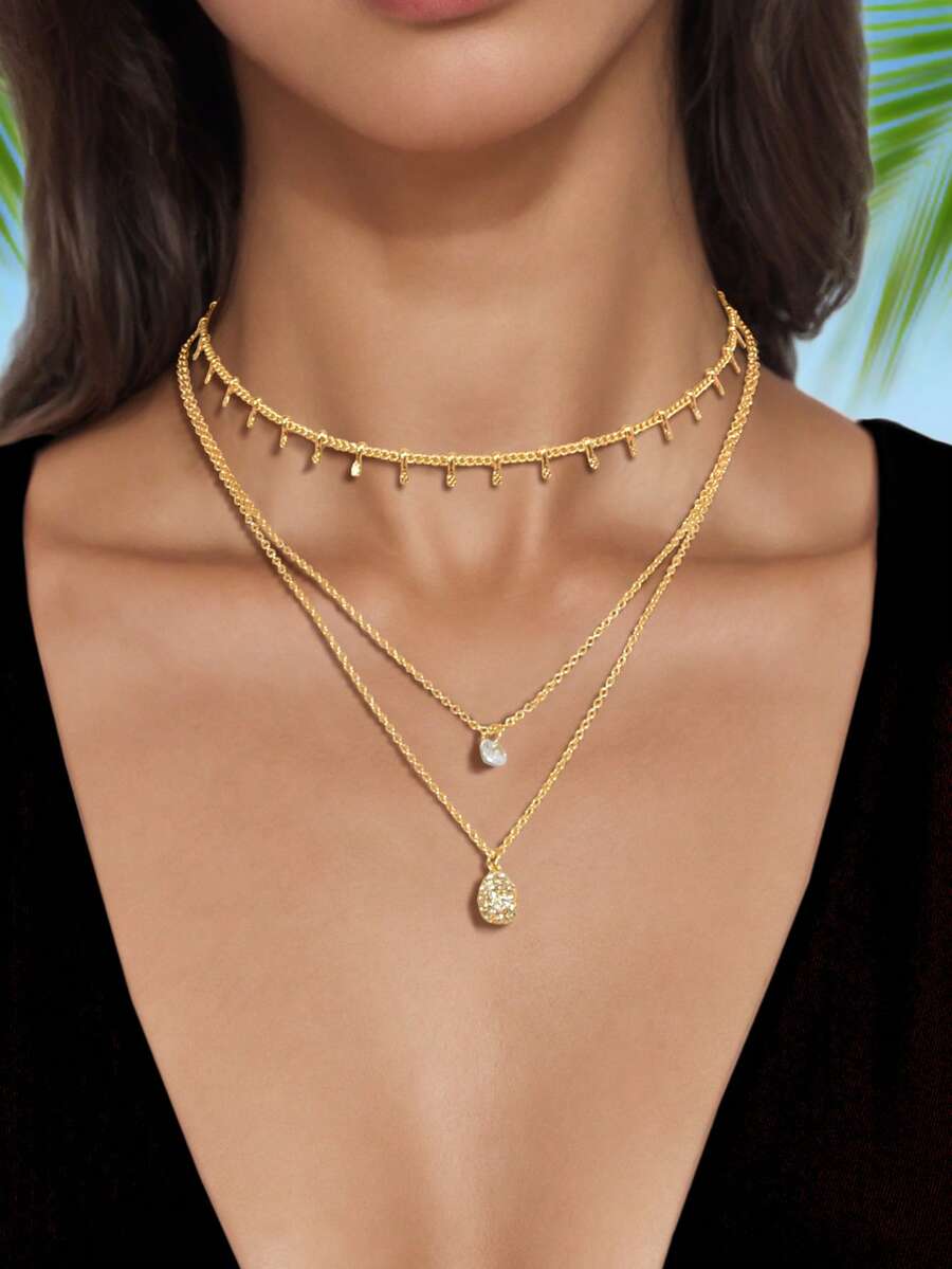Bộ 3 chiếc dây chuyền vàng nhiều lớp mặt dây chuyền hình giọt nước dành cho nữ, thích hợp cho các dịp hàng ngày, giao lưu và tụ họp. - Vàng - Xem 1