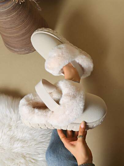 厚底毛绒拖鞋，舒适防滑平底室内/室外情侣拖鞋，温暖毛绒袖口，厚底，简约风格，适合冬季