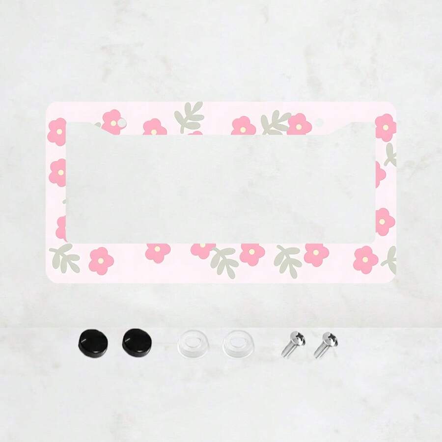 1pc Pink Flower Pattern 2-Hole License Plate Frame, Aluminum Material, 12x6 Inches With Screw Set, Retro Novelty Car Decoration, Standard US License Plate Size - 12x6 inch - Xem 1
