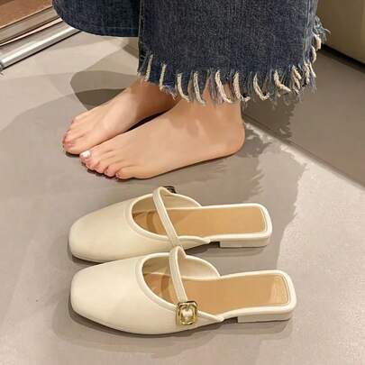 女式米色一脚蹬穆勒鞋，轻便低跟玛丽珍鞋，金属扣带，封闭式鞋头 TPU 凉鞋，橡胶鞋面和鞋底，轻便方便，适合休闲户外穿着，女式正装鞋