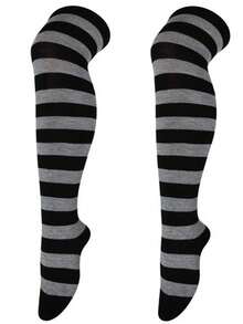 1双女士条纹过膝长袜，新款斑马纹针织过膝长袜，洛丽塔风格，舒适 - 深灰色 - 查看 4