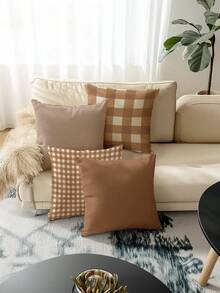 4 件橙色几何格子枕套，清新简约风格，家居装饰，沙发装饰靠垫套，方形仿亚麻抱枕套，现代沙发装饰枕套，无枕芯 - 橘色 - 查看 3