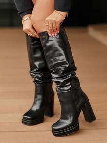 Damen Mode vielseitige Pendelstiefel mit hohem Absatz über dem Knie - Schwarz - Übersicht 6