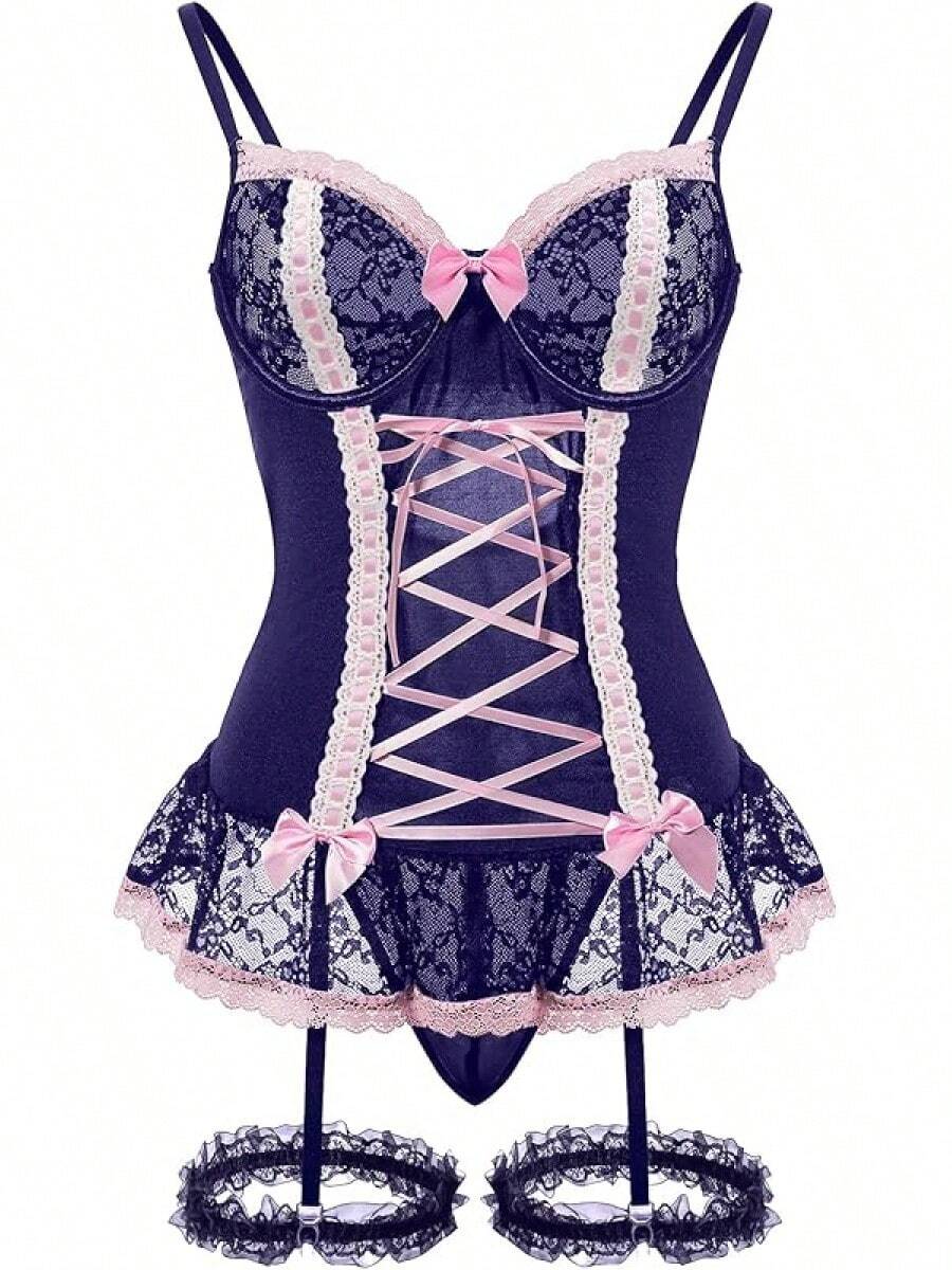 Sheer Mesh Corset Lace-Up Garter Belt Babydoll Lingerie Set - Navy Blue Pink - View 1