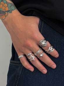7pcs Fashionable Punk Style Star & Geometric Pattern Ring Set, Casual Daily Wear For Men - Antique Silver - View 4