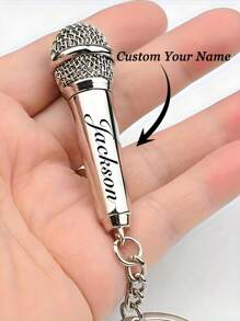 Personalized Name Microphone Keychain, Customized Mini Realistic Microphone Keychain With Rotatable Opening, Confessional Microphone Pendant Keychain, Actor Souvenir Program Performance Engraved Gift, Back To School Gift, Children's Halloween Gift, Gold/Silver Customized Birthday Gift, Halloween Accessories - Silver - View 2