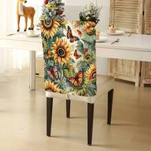 Housse de chaise courte en peluche, motif tournesol, fleurs et papillons, série automne (1/4/6/10 pièces), amovible, pour dossier, toutes saisons, décoration de vacances, pour salle à manger, salon, maison, avec protection dorsale, pour salle à manger, bureau, salon, hôtel et décoration d'intérieur.