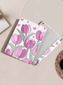 Light Purple Oil Painting Tulip Print IPad Case Compatible With IPad (A16) 11th Generation 11 Inch 2025, Apple IPad Air 11(2025), For IPad 10th Generation Case 10.9 Inch 2022 With Pencil Holder, Trifold Stand Protective Cover, Auto Wake/Sleep, Cute Gift For Back-To-School, Valentine's Day, Holidays