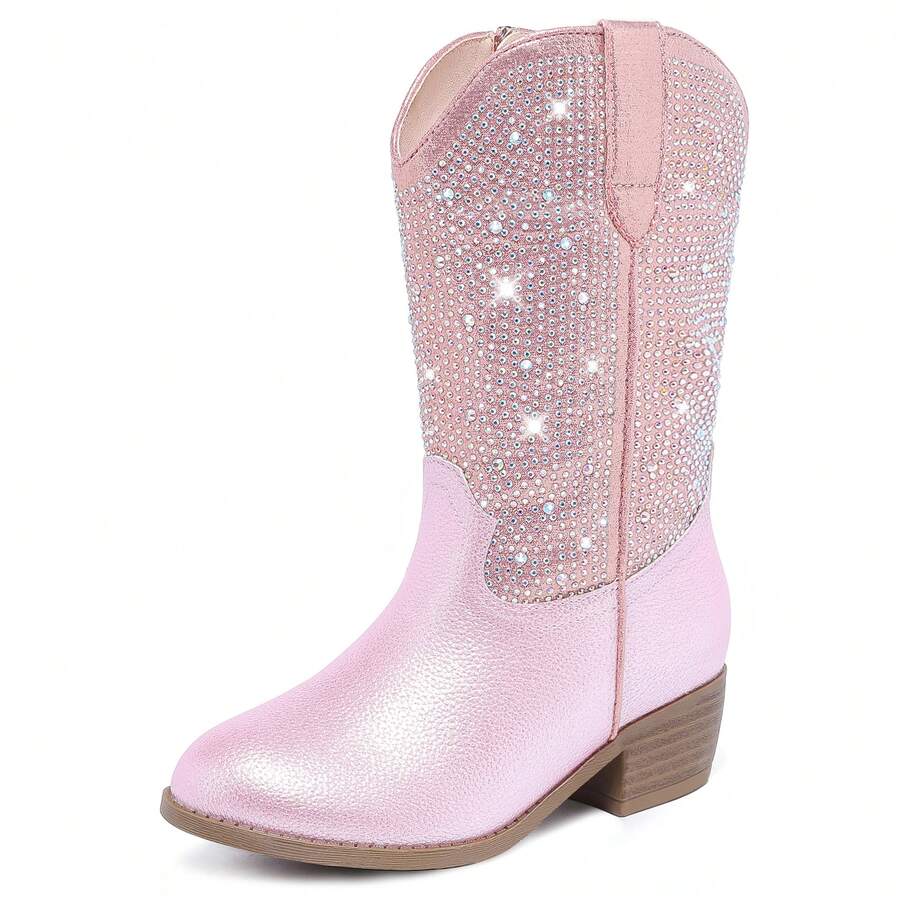 Rhinestone Sparkly Girls Cowgirl Cowboy Boots Little Kids Dress Boot Pointed Toes Low Heel Mid Calf Zipper Party Birthday Toddler To Big Kid - 水鑽灰粉色 - 查看 1