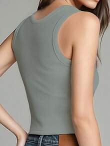 Camiseta de punto acanalada sin mangas para mujer, camiseta de tirantes ligera para el verano, camiseta interior de unicolor y versátil - Verde - Ver 3