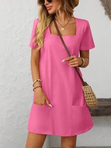 GoyRrbay Women's Fashion Dress Solid Color Square Neck Short Sleeve Casual Mini Dress With Pockets - 玫紅色 - 查看 1