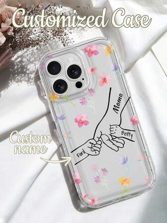 1 st. anpassat mors dag-handavtryck med namn, transparent, fallskyddande, perforerat telefonskal, kompatibelt med 11/12/13/14/15/16 Pro Max/16 Pro/16 Plus/17 Pro Max/17 Air och andra modeller, design med torkade blommor
