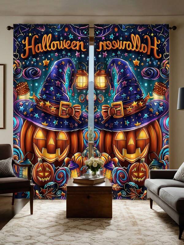 2 stuks semi-transparante gordijnen met Halloween-pompoen- en tovenaarspatroon, modern all-season design, 100% polyester, lichtfilterend, roedezak, geschikt voor keuken, wasruimte, slaapkamer, studeerkamer en woonkamer
