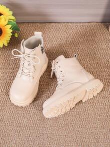 1 Pair Toddler/Kids Matte PU Leather Boots, Soft Lining, Side Zipper, Round Toe, Lace-Up, Thick Sole, Fashion Cute Mid-Calf Boots, Suitable For 3-12 Years Old Boys/Girls, Casual, Daily, Party, Vacation, Autumn/Winter - Beige - View 3