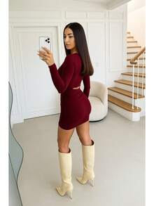 Women's Dress With Elegant Long Sleeve Cutout Pleated In Suplex In Solid Color For Winter And Summer Rodeo Festa De São João Festa Junina Quadrilha - 紅木色 - 查看 2