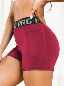 High Waist Women's Yoga Shorts With Tummy Control - Letter Graphic Butt Lifting Gym Activewear With Mesh Pocket - Burgundy - View 5
