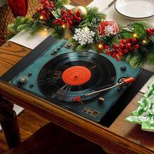 1/4/6/90pcs Set Vintage Turntable & Vinyl Record Printed Placemats, Woven Polyester Rectangular Tablemats, Hand Wash Only, Kitchen & Home Decor, Indoor/Outdoor Dining Decoration