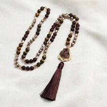 1 件新款波西米亚风 8 毫米天然石与玻璃打结项链，不对称水晶吊坠配流苏装饰毛衣链，适合女士 - NK10840 - 查看 18