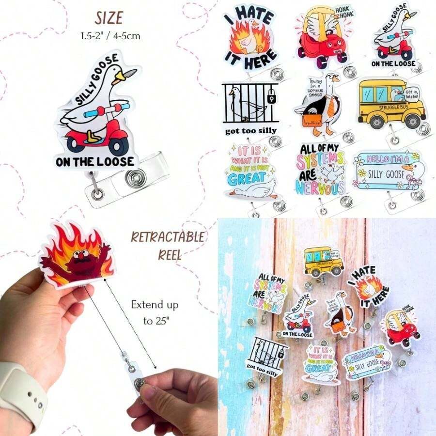 Cute Silly Goose Badge Reels 9PC Set U2013 Funny  Adorable Nurse Badge Reel For Work, Perfect Funny Gift For Nurses, Teachers, Offi Workers, And Anyone Who Loves Whimsical Acssories! - 最初的 - 查看 1