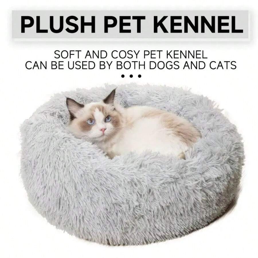 1pc Long Plush Cat Bed, Pet Bed, Round Plush Cat Bed, Cat Bed, Dog Bed - Multicolor - View 1