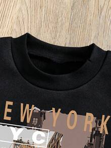 Tween Boy Slogan & Landscape Print Crew Neck Sweatshirt And Sweatpants Casual Outfit - Black - View 3