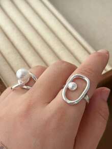 2pcs Pearl Rings Set For Women Couples New Elegant Creative Hollow Geometry Handmade Birthday Party Rings Jewelry Gifts - Silver - View 6