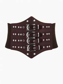 1 件女士棕色街头风格双排扣性感宽腰带，适合万圣节派对、聚会或日常通勤装