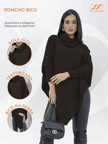 Swisz Women's Winter Poncho Knit Long Sleeve V-Neck Sweater With Scarf - 咖啡棕 - 查看 4