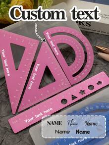Custom Ruler Set With Text,Personalized Rulers,Triangle Ruler,Wave Line Ruler,Protractor,Back To School Supplies,College Essentials,Teacher's Day,Drawing,Painting,Measuring Tools,School Supplies,Stationery,Two Colors,Customized,Customizable,Daily,Students,Teachers,Offices,Boys,Girls,Friends - Multicolor - View 7