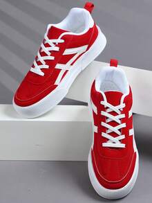 男士时尚高端简约纯色系带休闲运动鞋，百搭日常户外通勤舒适红色步行鞋 - 紅色 - 查看 2