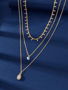 3pcs Set Women Gold Multilayer Chain Water Drop Pendant Necklace, Suitable For Daily, Social, And Gathering Occasions - Gold - View 3