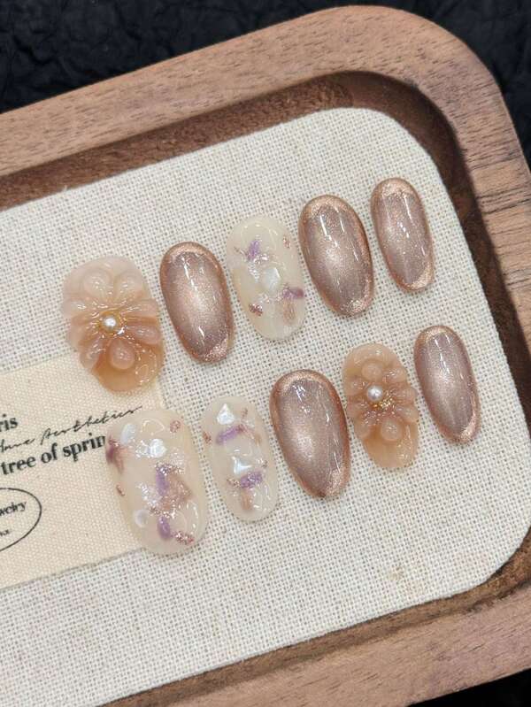 10Pcs Elegant Blush Handmade Press On Nails Short Oval Fake Nails Tips, Japanese Champagne Shimmer, 3D Pearl Centered Floral, Shell Patterned Accents, Purple Veining Gold Flakes Fake Nails With Jelly Glue And Nail File For Back To School & Daily Nail Supplies Nails